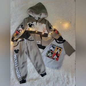 Disney Mickey Mouse Olive & Gray Sherpa-Lined Zip Hoodie Set